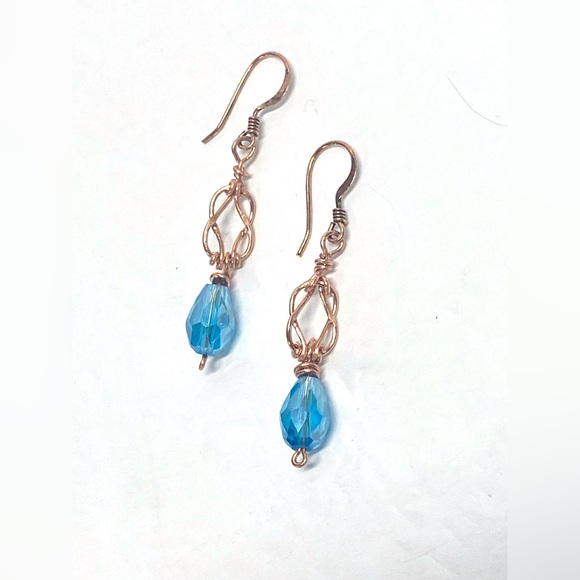 HANDMADE Love Knot Dangle Earrings Hand Wrapped Bare Copper and Crystal Jewelry - Picture 1 of 10